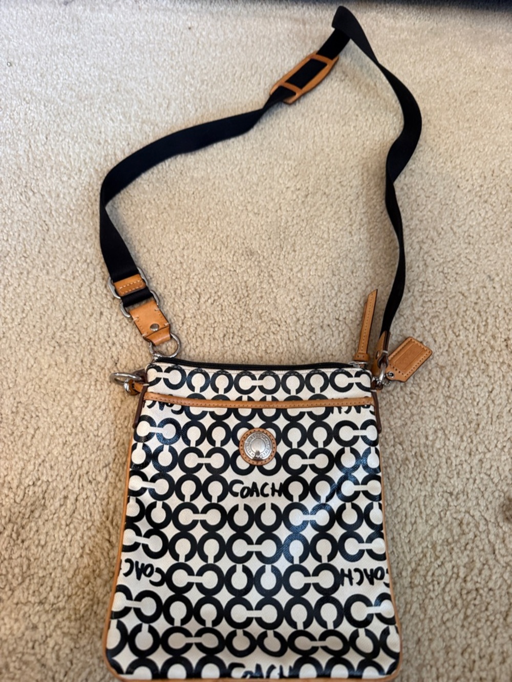 Coach Black & White Signature Crossbody with Tan Trim